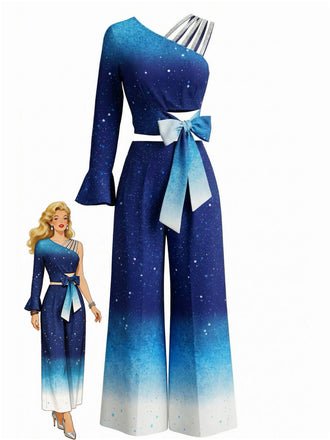 Robe bleue dégradée avec un nœud décoratif sur fond blanc