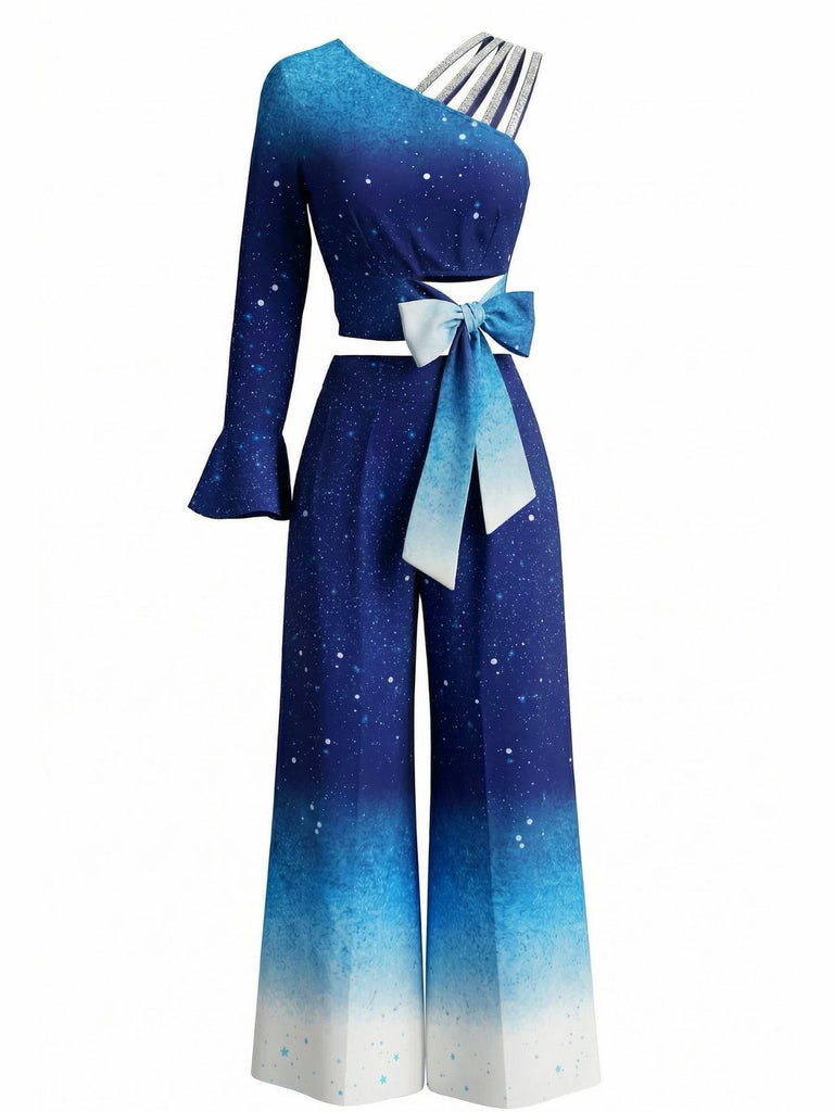 Blue and white gradient dress with a bow on a white background