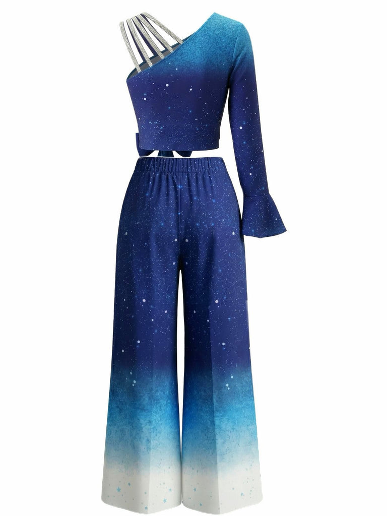 Blue gradient outfit with one-shoulder top and wide-leg pants on a white background