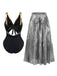 Black swimsuit with gold accents and silver pleated skirt on a white background