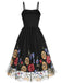 Robe noire en maille brodée de fleurs des années 1950