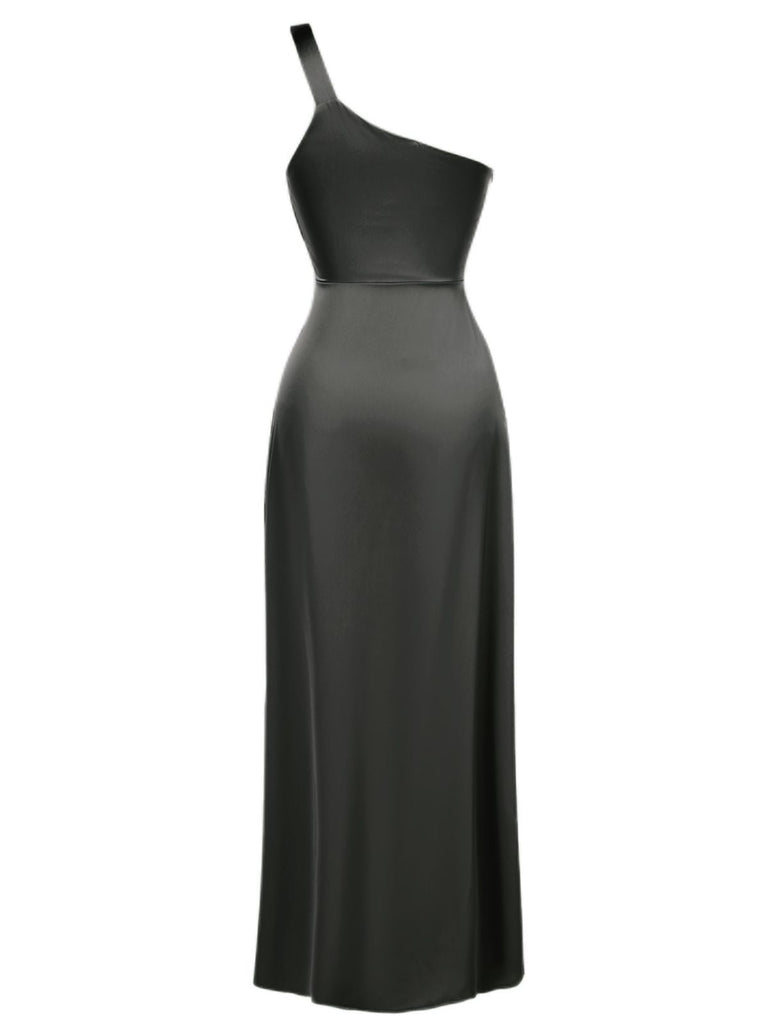 Robe de soirée une épaule en satin noire années 1940
