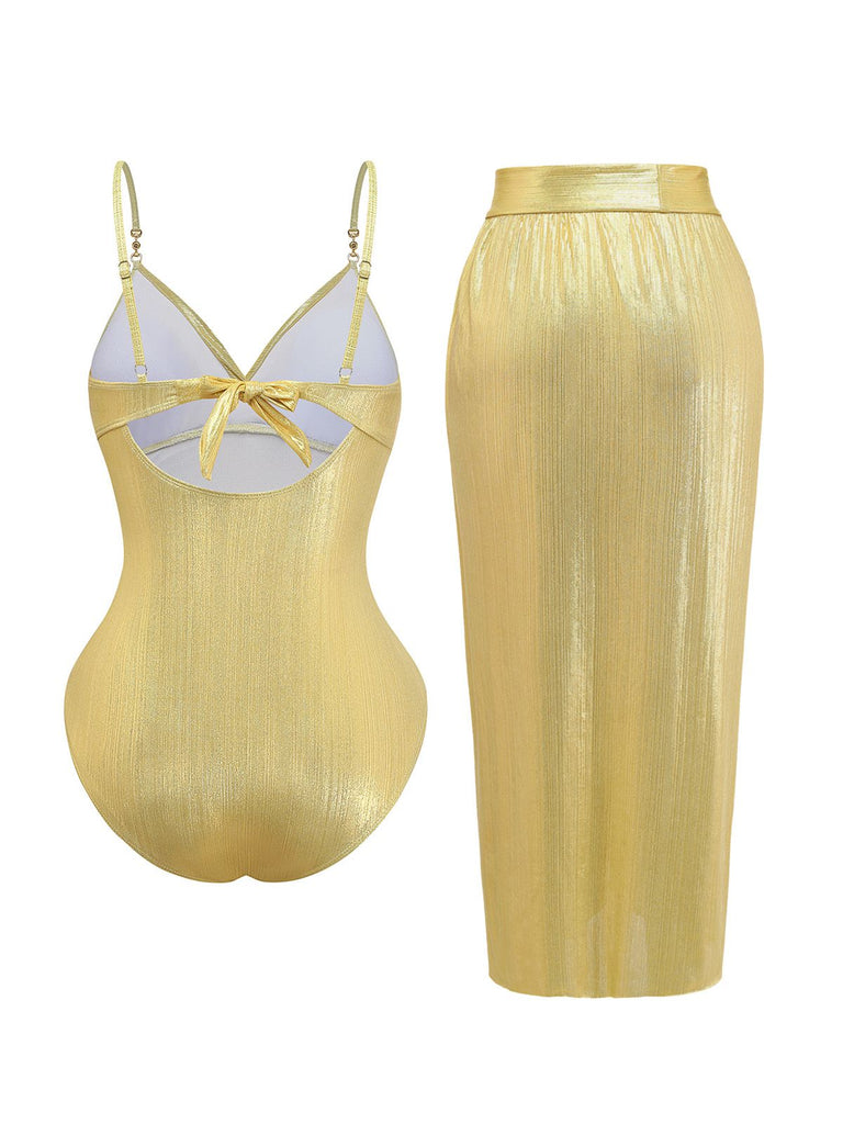 Maillot de bain une pièce froncé doré des années 1980 et paréo