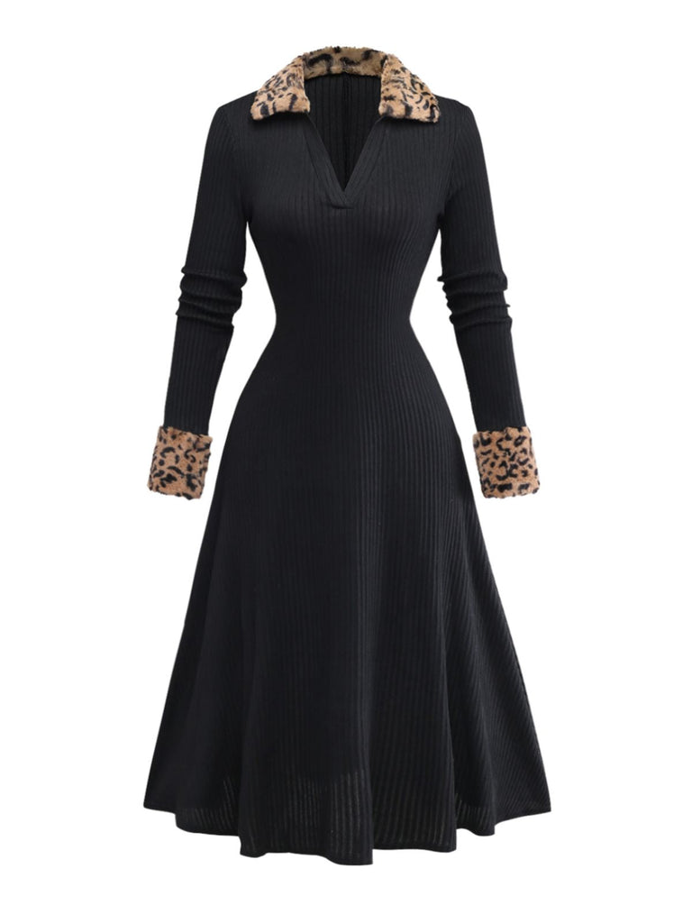 Robe en maille côtelée noire bordure en fausse fourrure léopard style années 1940