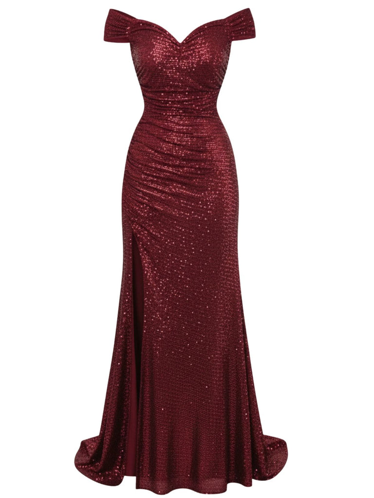 Robe longue fendue paillettes et épaules dénudées années 1930