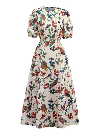 Robe beige fleurs et oiseaux à manches bouffantes années 1940