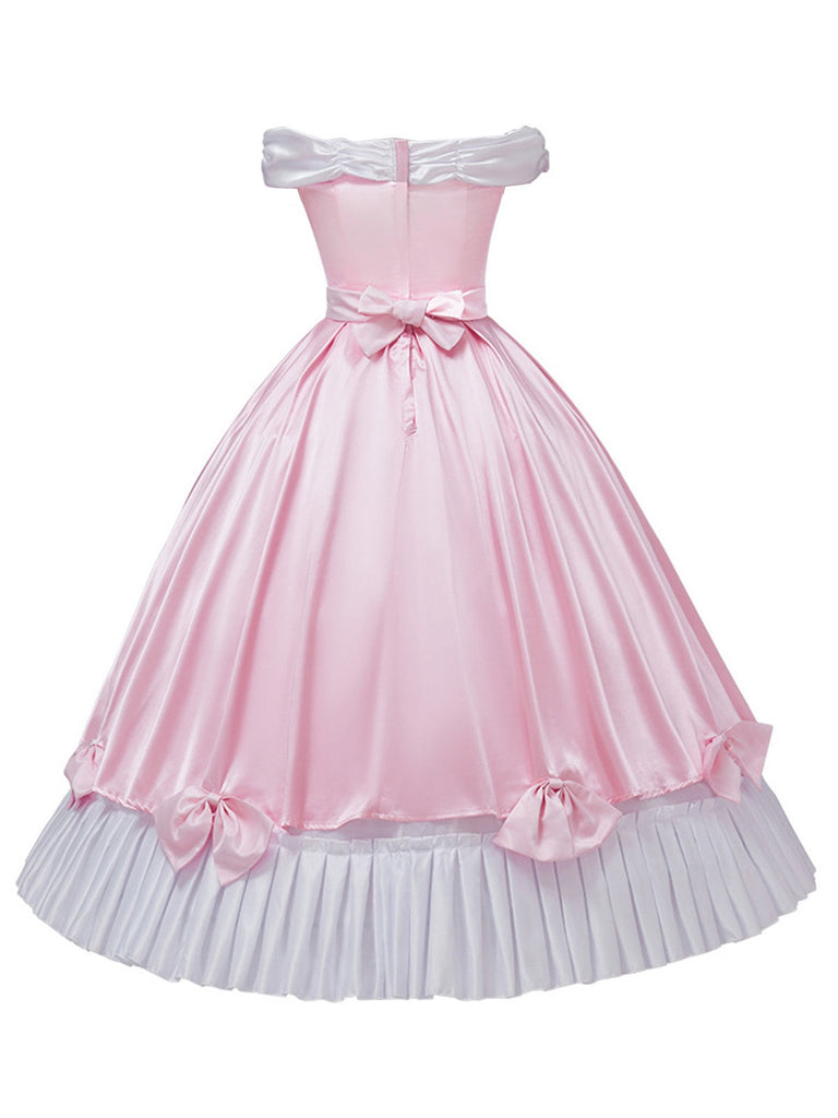Robe rose à épaules dénudées plissée et ornée d'un nœud en satin années 50