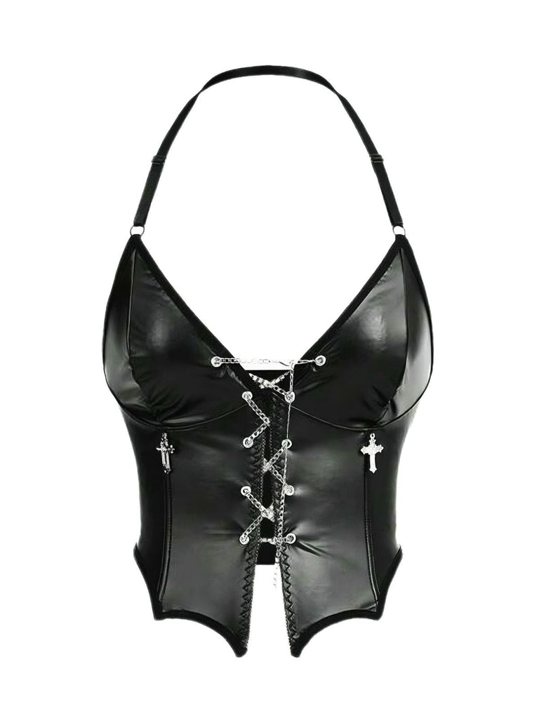 Corset noire gothique à chaîne et cordon croisé années 1980