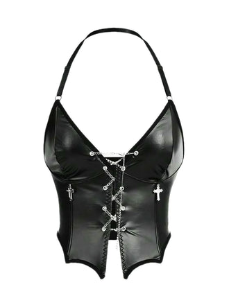 Corset noire gothique à chaîne et cordon croisé années 1980