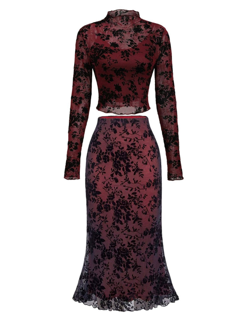 3PCS Ensemble transparent motif floral floqué rouge vin années 1930