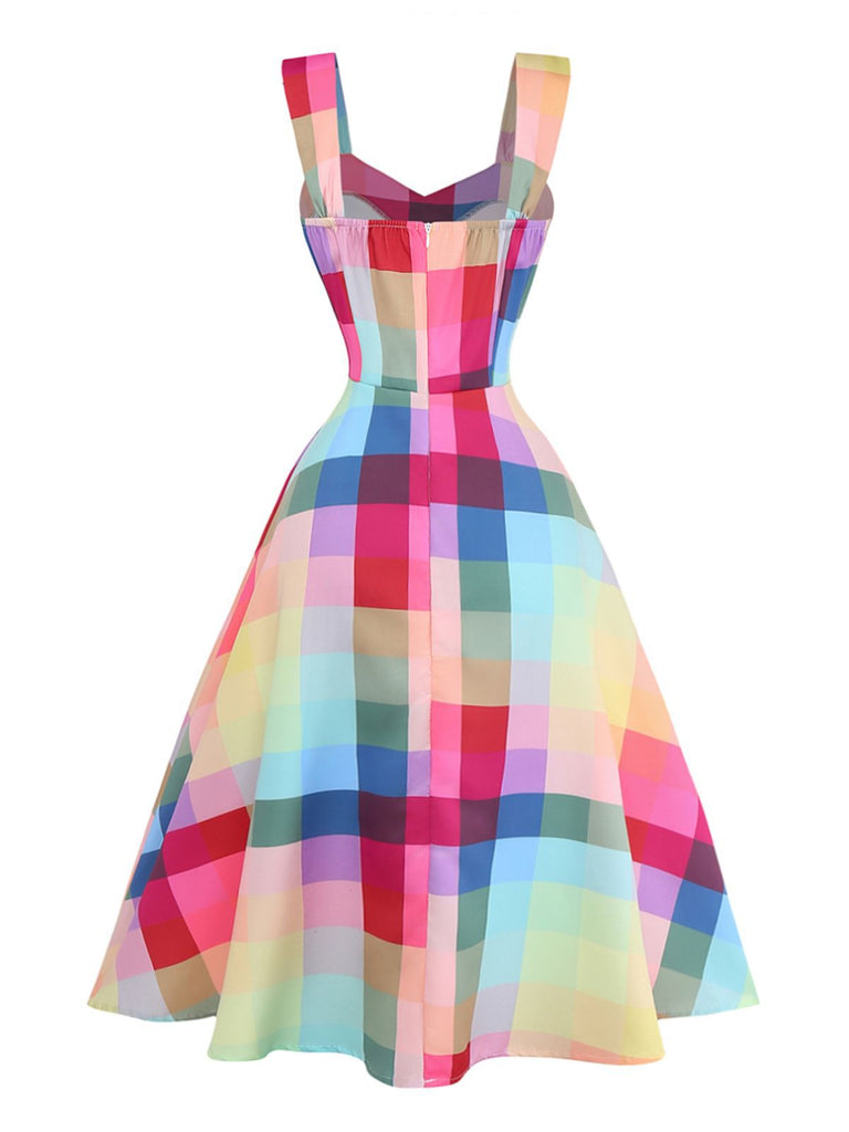 Robe trapèze larges bretelles carreaux colorés 1950s