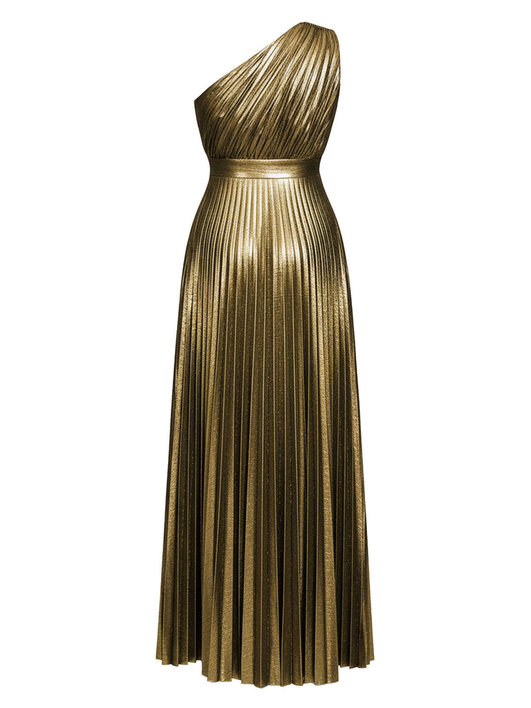 Robe de soirée plissée asymétrique dorée années 1980