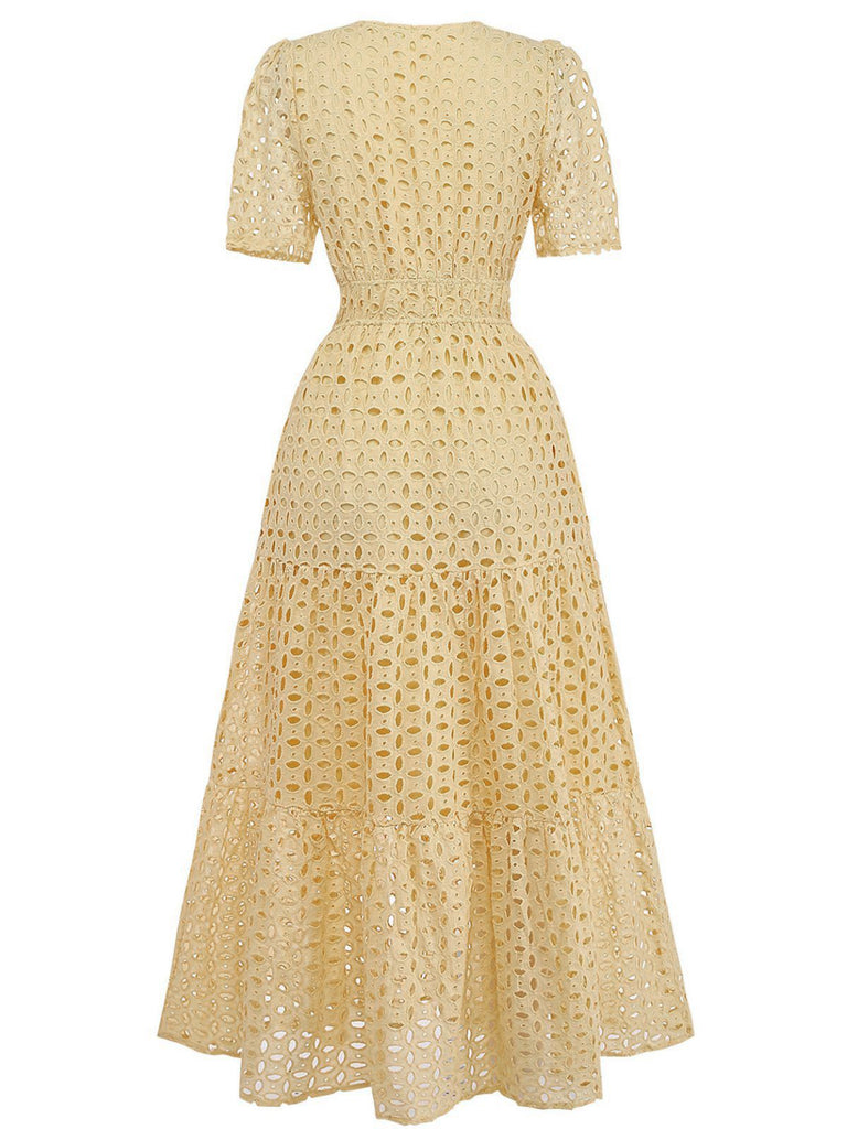 Robe longue volants col V dentelle ajourée années 1940