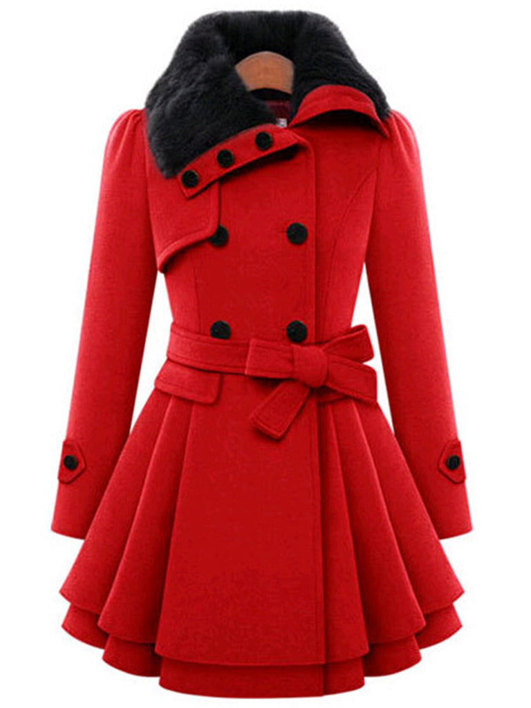Manteau en hiver cintré à col en fourrure Noir de Noël Chic