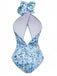 Maillot de bain dos nu creux bleu imprimé floral 3D roses années 1930