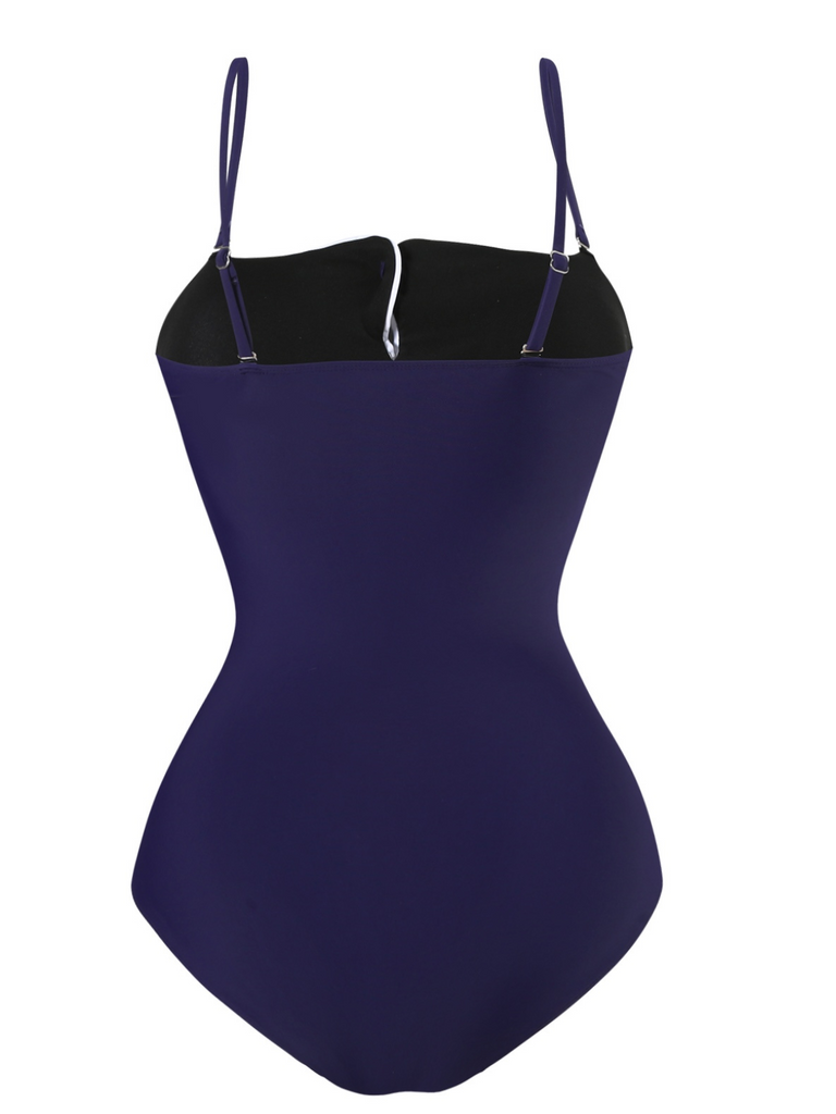 Maillot de bain une pièce bleu foncé à bretelles boutons années 1940