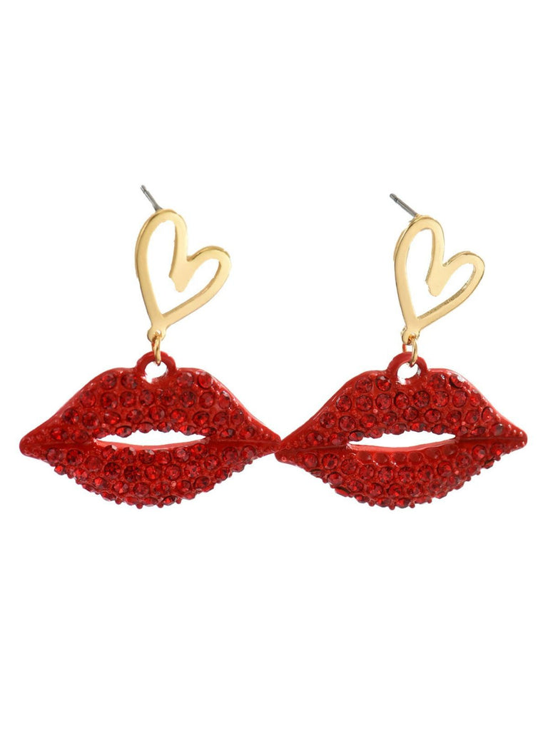 Boucles d'oreilles avec strass en forme de cœur et lèvres rouges