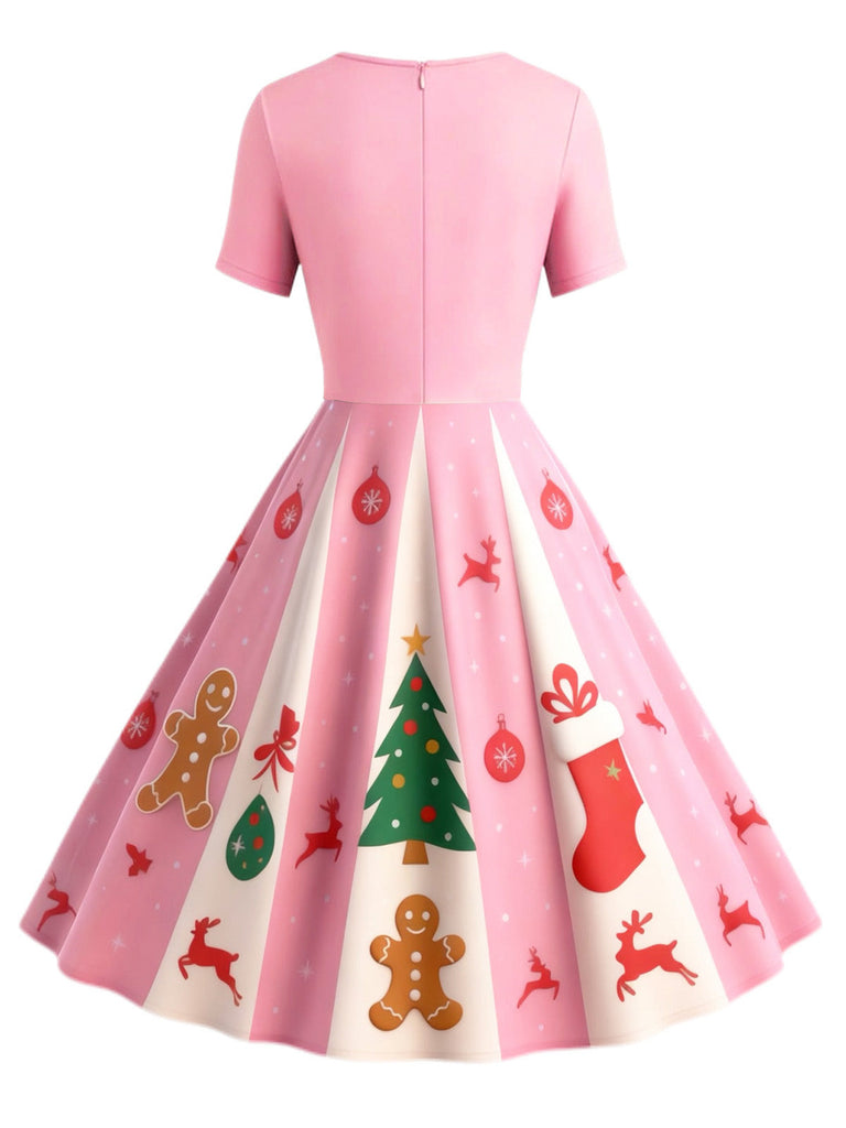 Robe trapèze rose motif flocon de neige des années 1950