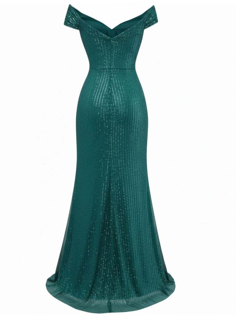 Robe longue fendue paillettes et épaules dénudées années 1930
