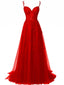 Robe longue rouge en tulle et dentelle à fines bretelles des années 1930