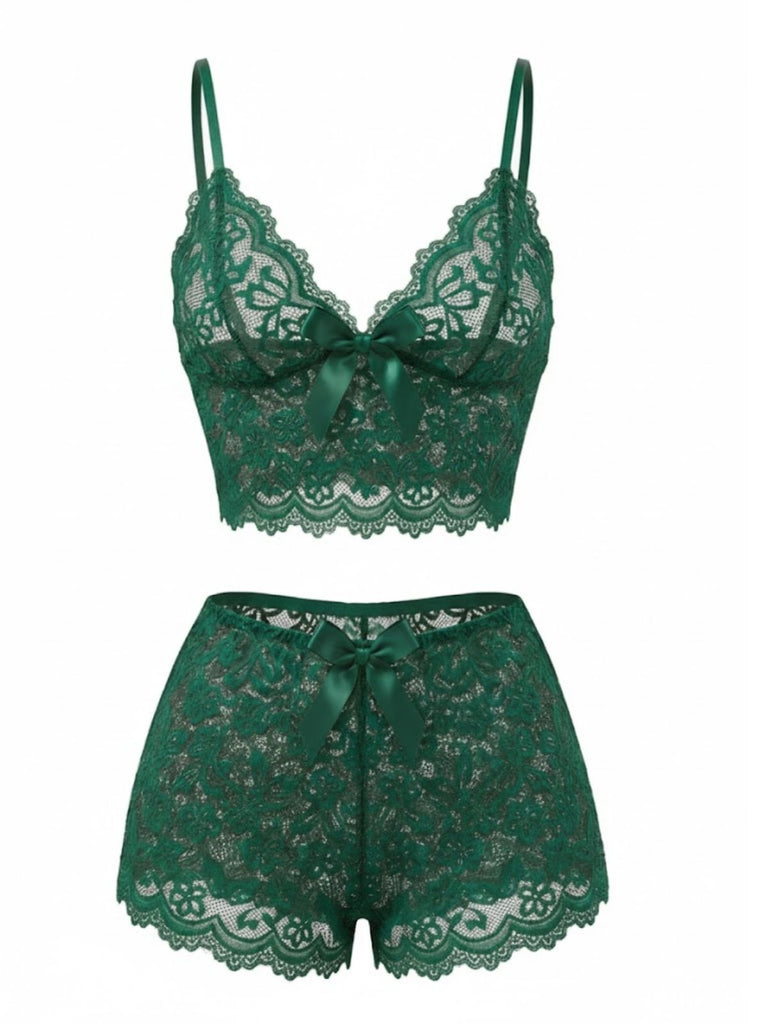 Ensemble De Pyjama Bretelles Fin Dentelle Fleurie Nœud Rouge Année 1960
