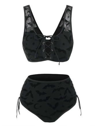 Ensemble bikini gothique en maille chauve-souris noire années 1980