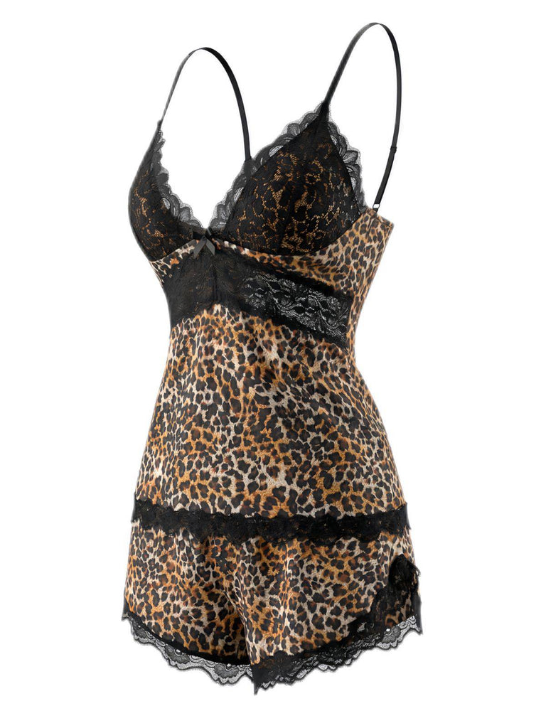 Ensemble De Pyjama Dentelle Léopard Bretelles Fin Marron Année 1970