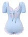 Maillot de bain une pièce bleu à volants et petites fleurs des années 1940