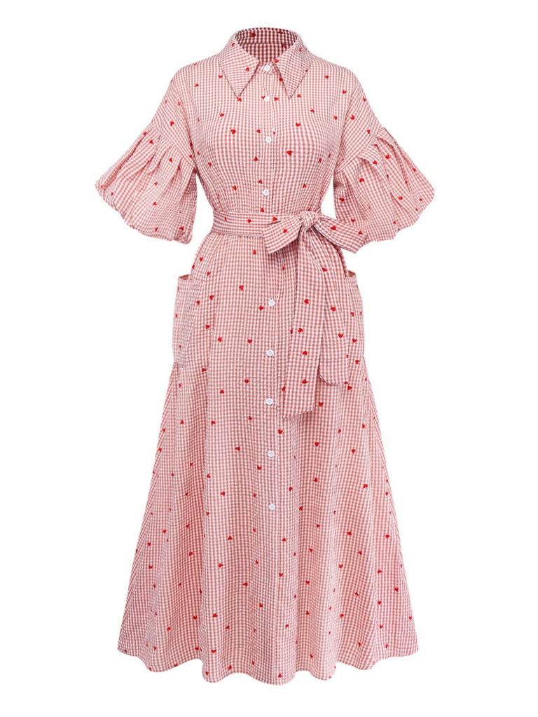 Robe Ceinturée Rose Carreaux Cœur Manches Lanterne Années 1940