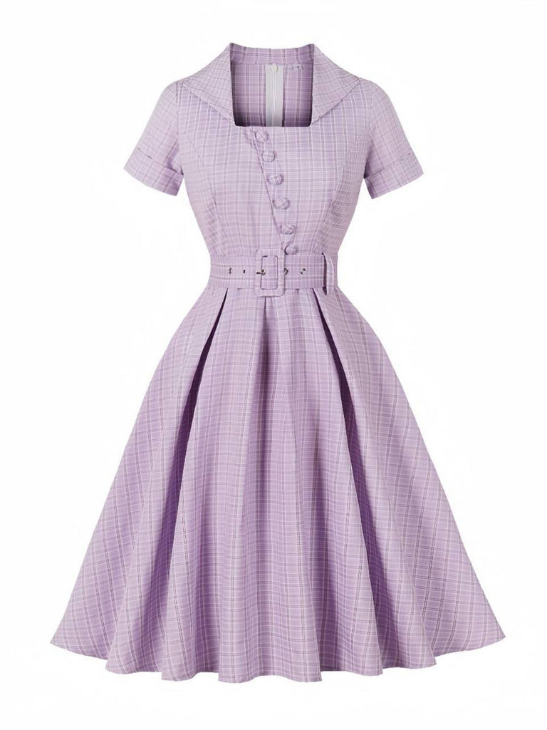 Robe Évasée Boutonnée Col Carré À Carreaux Violette Année 1950