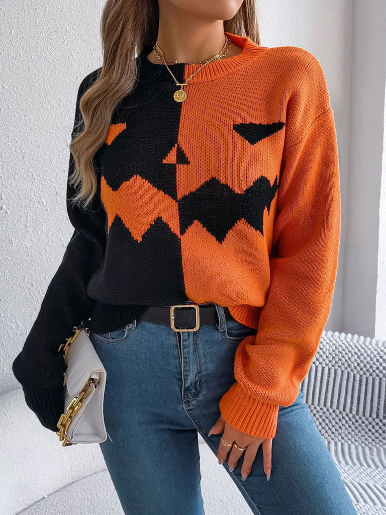 Pull en tricot colorblock à motif citrouille Halloween années 1940
