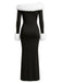 Robe maxi noire à une épaule et bordure en fourrure années 1980