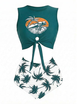 [Prévente] Vert Punk Ceinture à Nouer Squelette Plage Imprimé Ensemble Bikini Années 1980