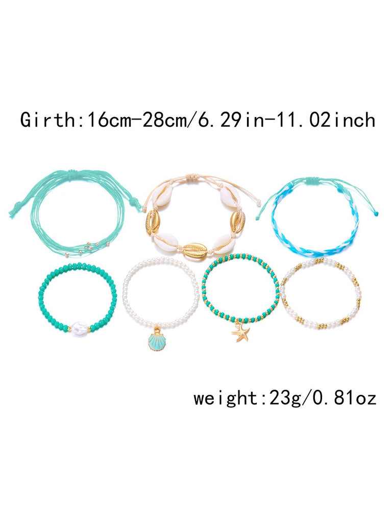7PCS Ensemble bracelets tressés à plusieurs rangs perles forme coquillage bleu