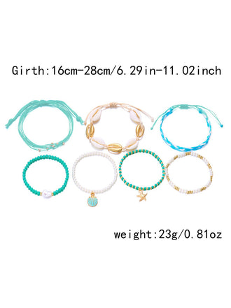 7PCS Ensemble bracelets tressés à plusieurs rangs perles forme coquillage bleu