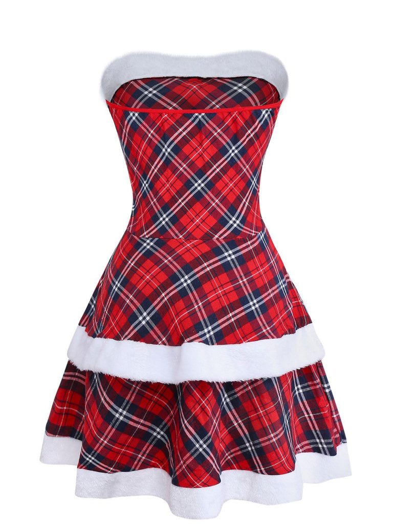 Ensemble robe bustier patchwork à carreaux rouges des années 1960