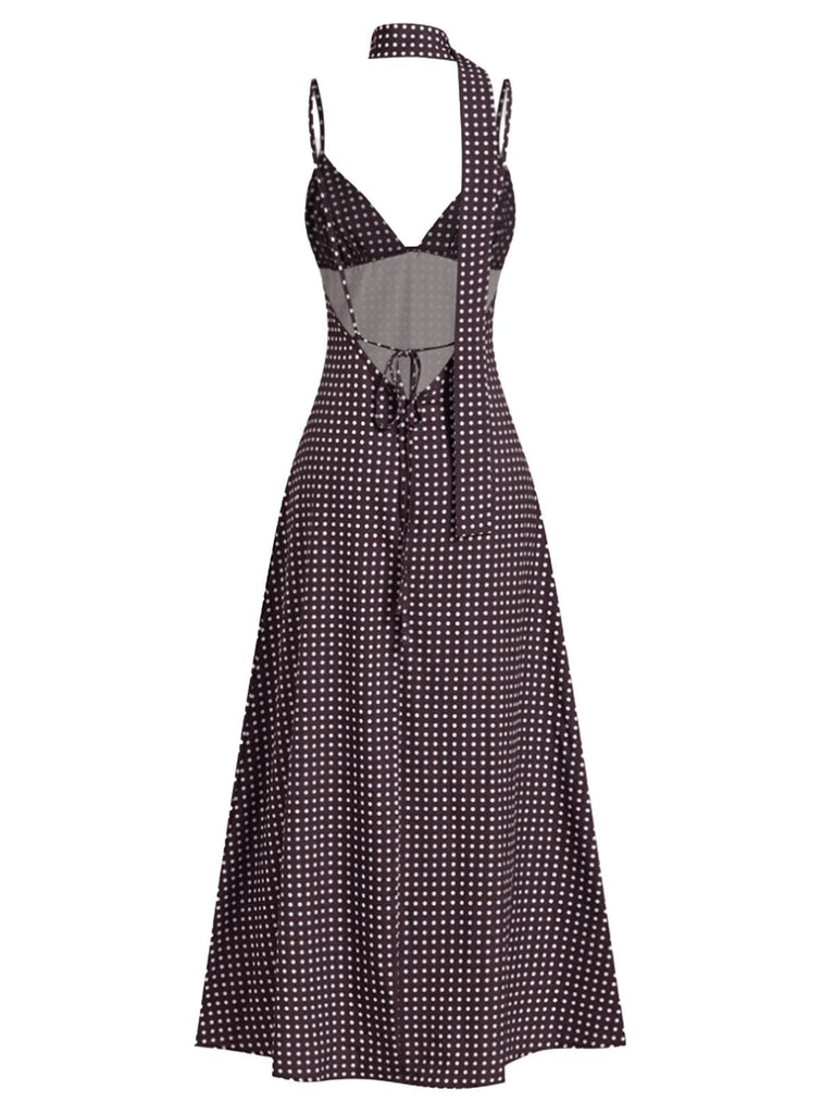 Robe marron à pois col en V et bretelles spaghetti années 1980