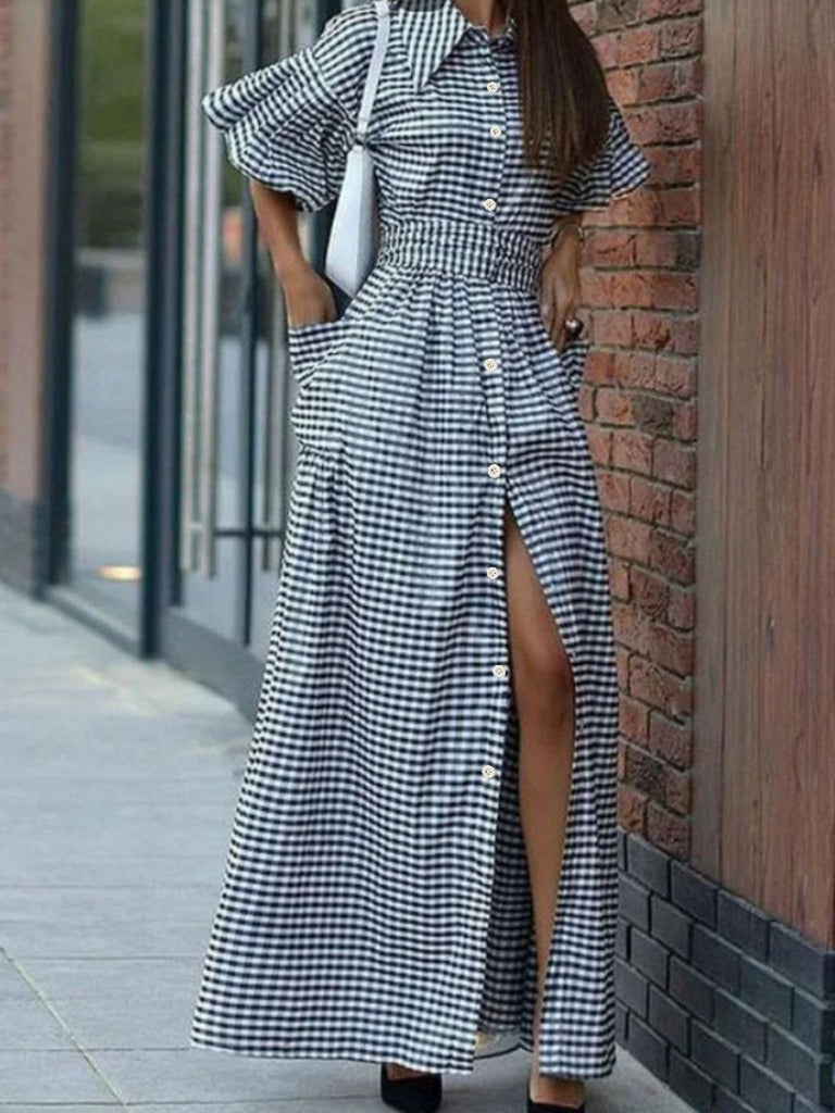 Robe-chemise longue à carreaux manches bouffantes noirs des années 1940