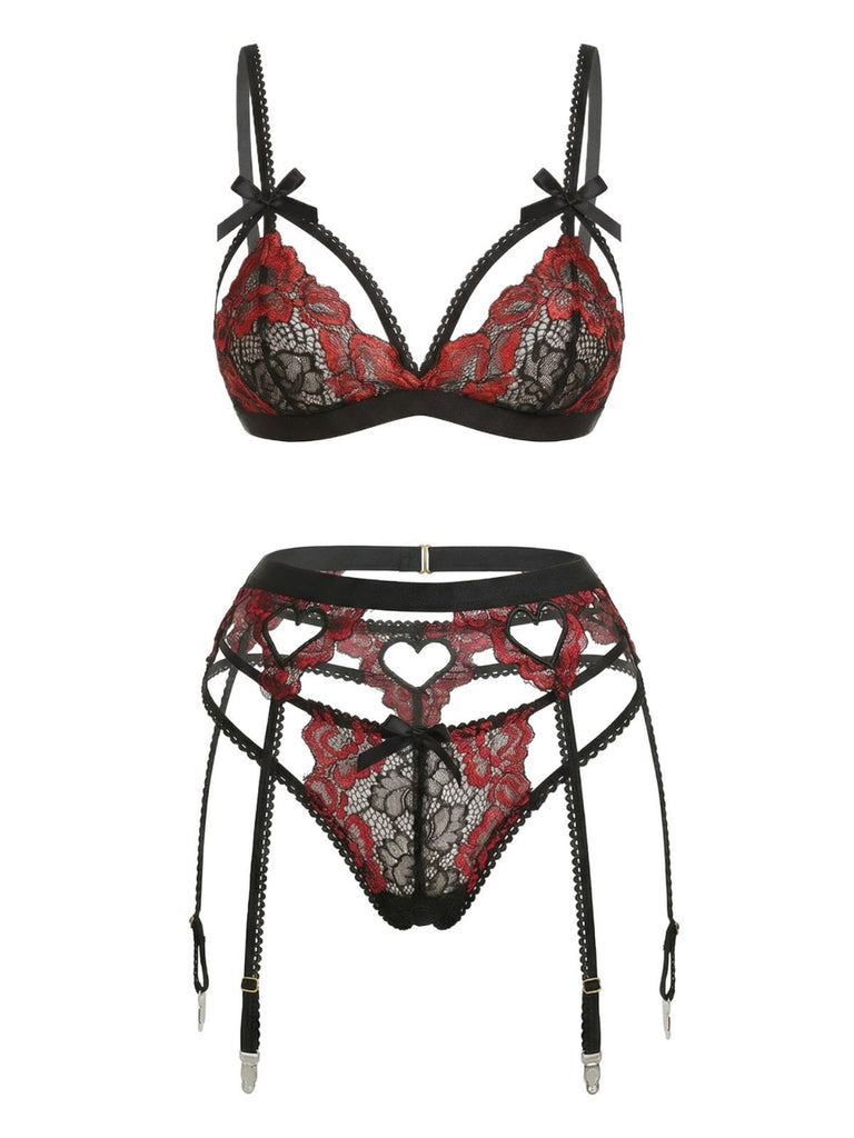 3PCS Ensemble De Lingerie Dentelle Noire Motif Cœur Année 1960