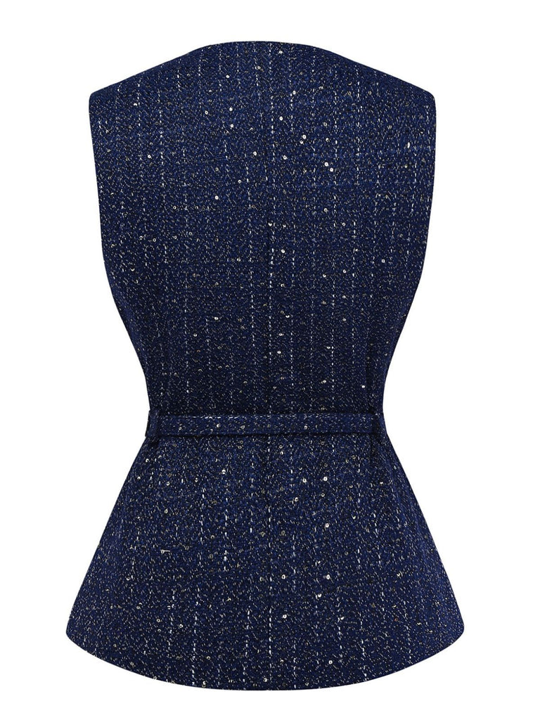 Gilet en tweed uni à boutons et ceinture années 1960