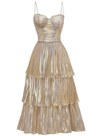 Robe à bretelles spaghetti métallisée dorée des années 1930