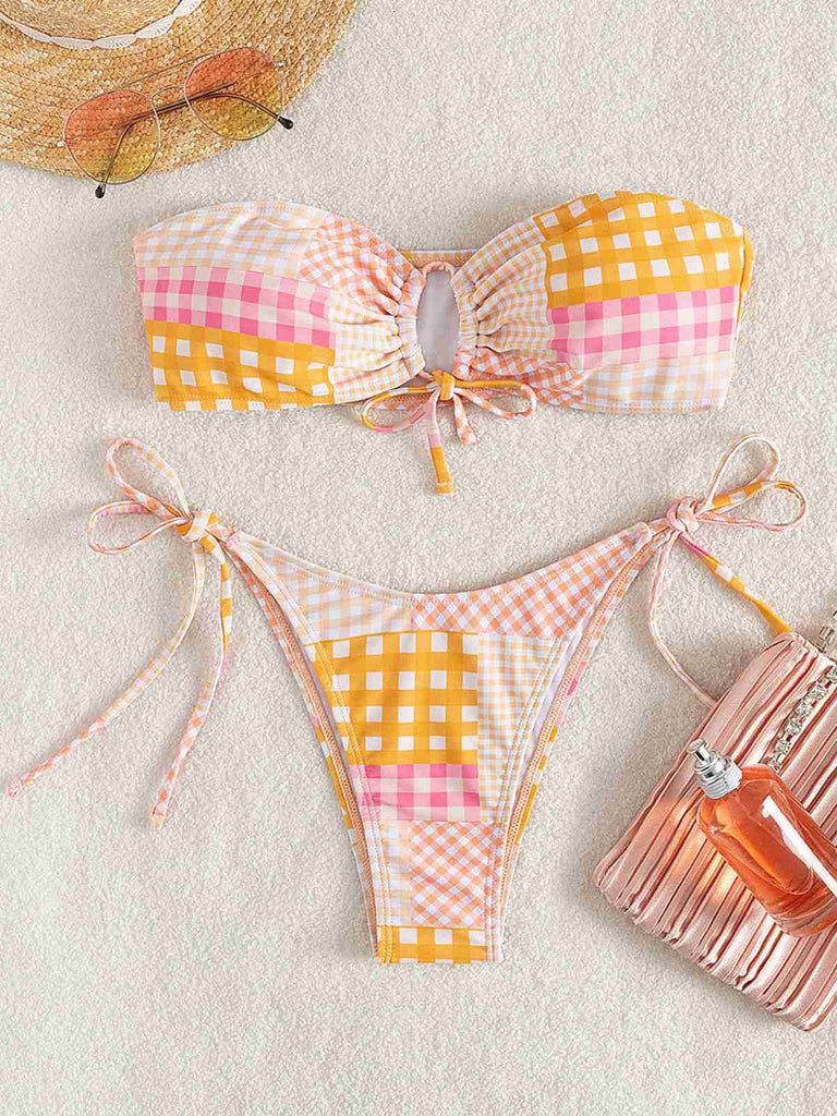Ensemble bikini bandeau à carreaux vichy rose années 1970