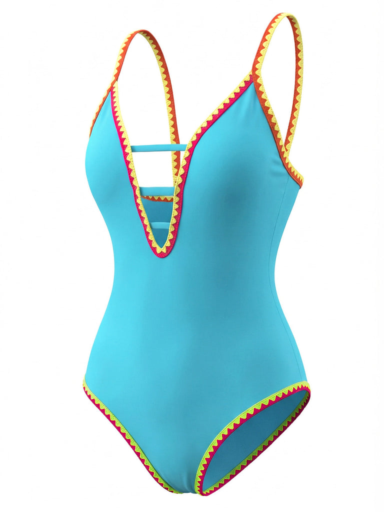Maillot de bain une pièce à bretelles découpées color block années 1970