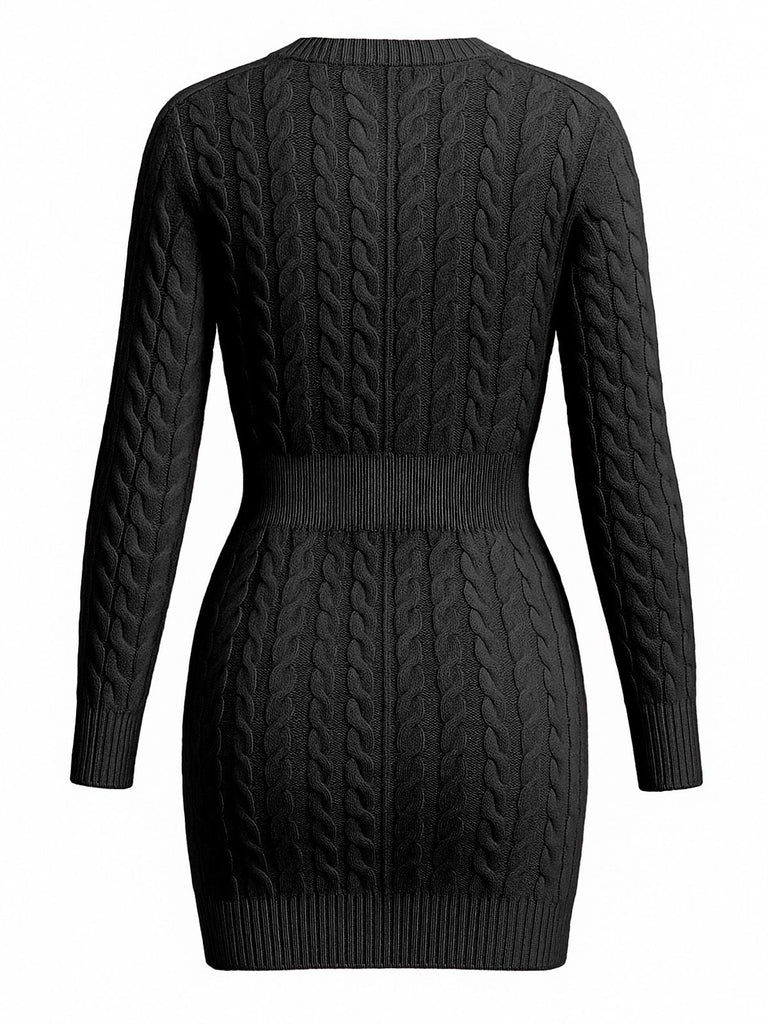 Robe moulante manches longues en maille torsadée des années 1960