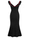 Robe sirène noire en tricot à volants et col en V des années 1930
