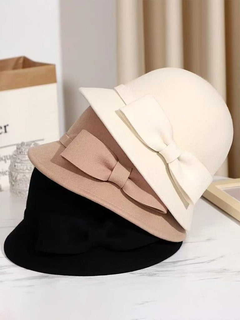 Chapeau cloche vintage en fausse laine unie avec nœud papillon