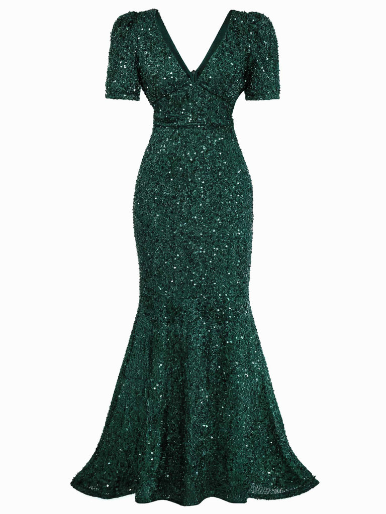 Robe sirène longue à paillettes et nœud rouge vin années 30