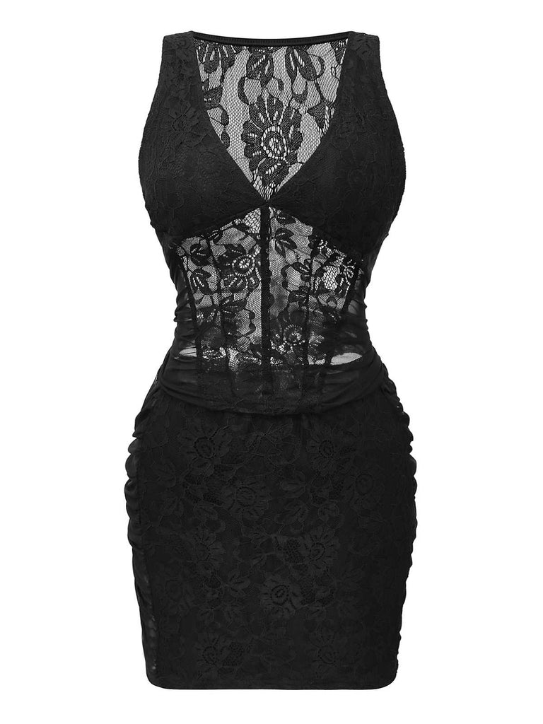 2PCS Haut et jupe transparents en dentelle florale noire des années 1960