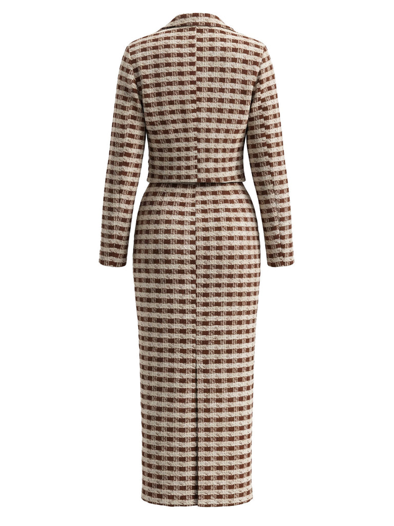 2PCS Ensemble Robe et Veste Blazer en Tweed à Carreaux et Boutons Nacrés Années 1960 - 6