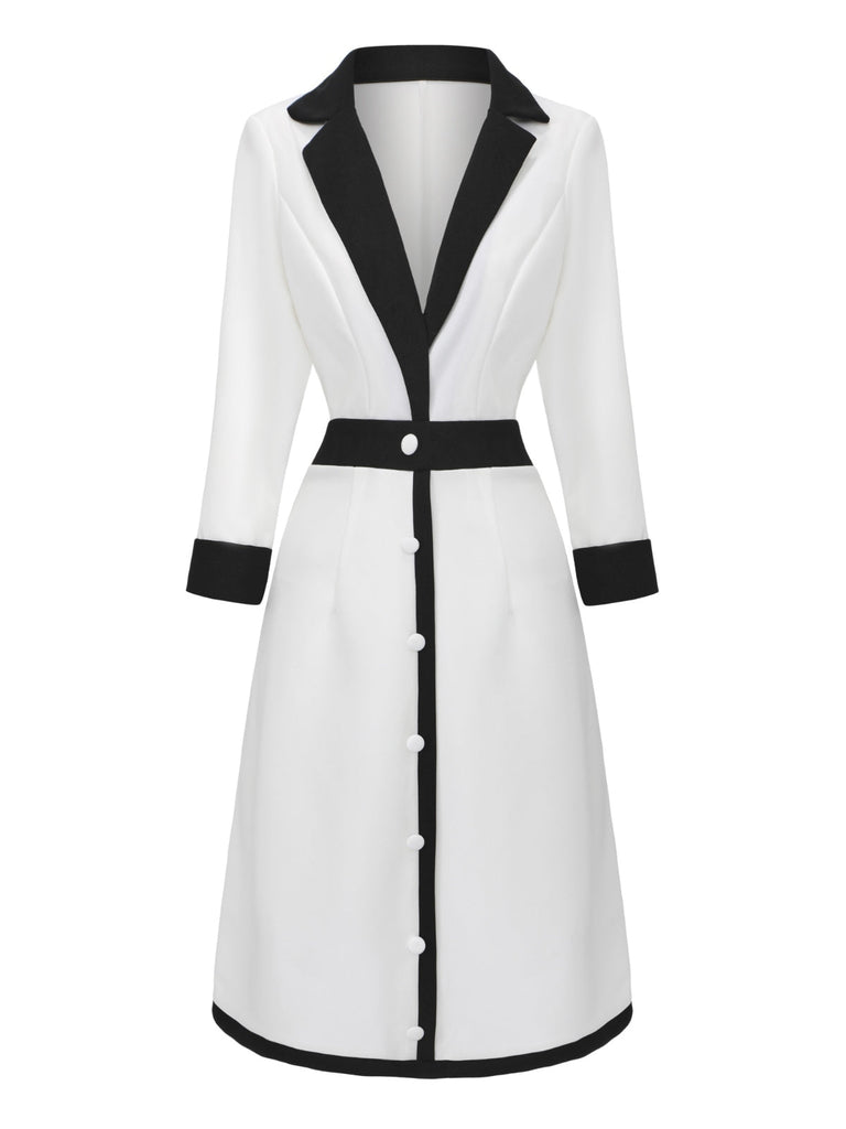 Robe boutonnée à col en V profond blanche et noire années 1940